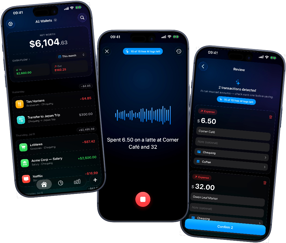 Vesi on iPhone: the home feed with net worth and recent transactions, a spoken purchase being captured, and the AI review screen with two detected expenses